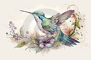 Colorful humming bird on stick tree with flower in watercolor design artistic.