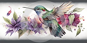 Colorful humming bird on stick tree with flower in watercolor design artistic.