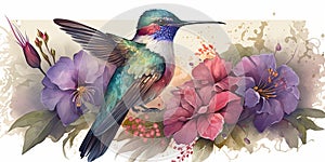 Colorful humming bird on stick tree with flower in watercolor design artistic.