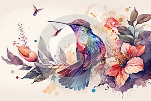 Colorful humming bird on stick tree with flower in watercolor design artistic.