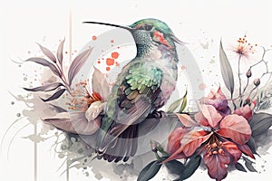 Colorful humming bird on stick tree with flower in watercolor design artistic.