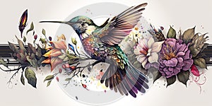 Colorful humming bird on stick tree with flower in watercolor design artistic.