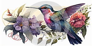 Colorful humming bird on stick tree with flower in watercolor design artistic.