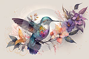 Colorful humming bird on stick tree with flower in watercolor design artistic.