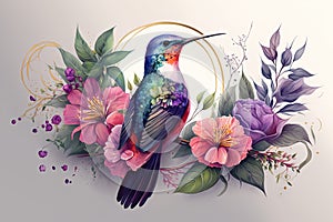 Colorful humming bird on stick tree with flower in watercolor design artistic.