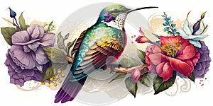 Colorful humming bird on stick tree with flower in watercolor design artistic.