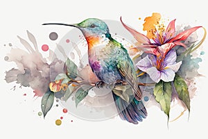 Colorful humming bird on stick tree with flower in watercolor design artistic.