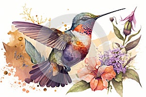 Colorful humming bird on stick tree with flower in watercolor design artistic.