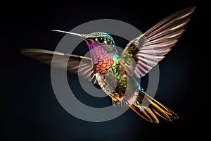 Colorful Hummingbird in Flight on Black Background . AI generated Illustration