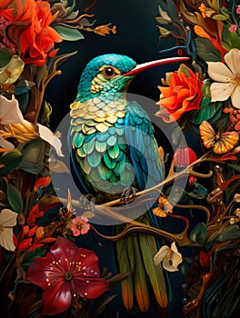 Colorful Hummingbird and flowers abstract illustration.