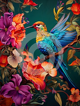 Colorful Hummingbird and flowers abstract illustration.