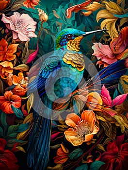 Colorful Hummingbird flying illustration.