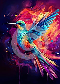 Colorful Hummingbird flying watercolor abstract illustration.