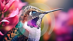 Colorful Hummingbird Portrait with Floral Bokeh