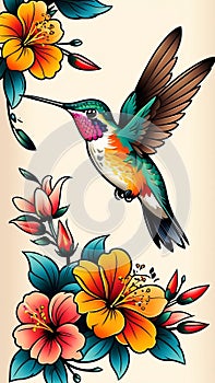 Colorful hummingbird and vibrant flowers tattoo art design photo