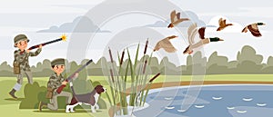 Colorful hunting horizontal banners with hunters shooting flying wild ducks near pond