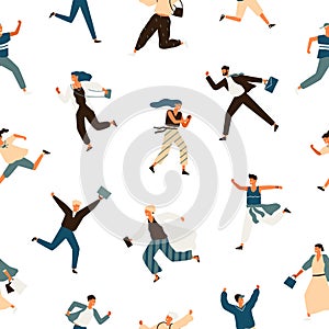 Colorful hurry man and woman seamless pattern. Running businessman, kid, teen, stylish female and office workers vector