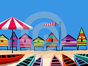 Colorful huts and canoes