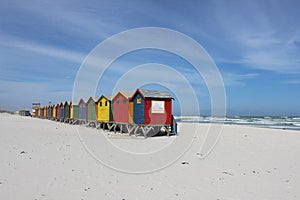 Colorful huts on Muizenberg Beach on warm summers day