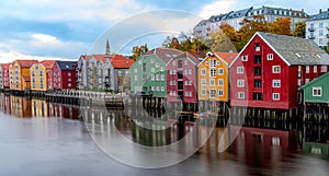 Colorful huts on stilts in Trondheim, Norway