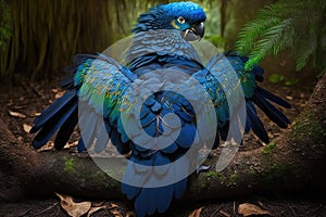 Colorful Hyacinth Macaw Flying Full Body In Forest. Colorful and Vibrant Animal.