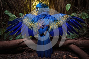 Colorful Hyacinth Macaw Flying Full Body In Forest. Colorful and Vibrant Animal.