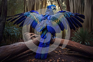 Colorful Hyacinth Macaw Flying Full Body In Forest. Colorful and Vibrant Animal.