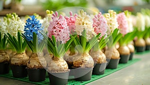 Colorful Hyacinths Blooming in Pots