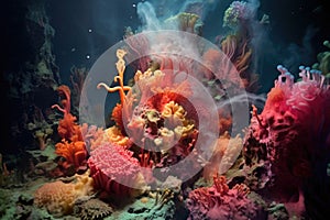 colorful hydrothermal vents surrounded by deep-sea fauna
