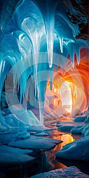 a colorful ice cave with light shining through the end. The ice appears to be melting.