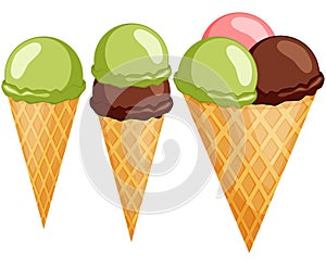 Colorful ice cream cone 1 2 3 balls set.