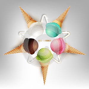 Colorful Ice cream cone array in form of star shape, Different fruit flavors, Vector illustration