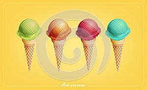 Colorful Ice cream in the cone, Different flavors, Vector