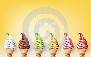 Colorful ice cream cone, different flavors, vector illustration