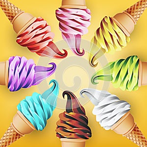 Colorful ice cream cone in form of circle, different flavors, vector illustration