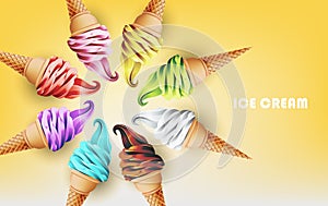 Colorful ice cream cone in form of circle, different flavors, vector illustration