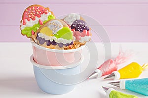 Colorful ice cream cone shape icing cookies