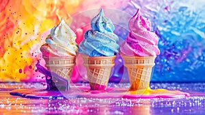 Colorful ice cream cones against a vibrant, paint-splash background, perfect for expressing joy and creativity in ice cream