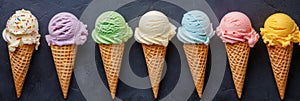 Colorful ice cream cones on dark background