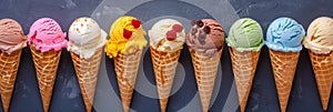 Colorful ice cream cones on dark background