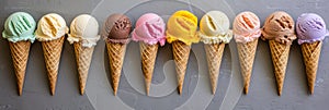 Colorful ice cream cones on gray background