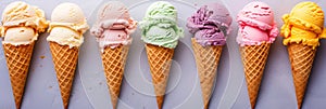 Colorful ice cream cones on gray background