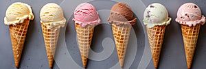 Colorful ice cream cones on gray background