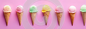 Colorful ice cream cones on pink background banner. Panoramic web header. Wide screen wallpaper