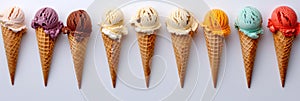 Colorful ice cream cones on white background