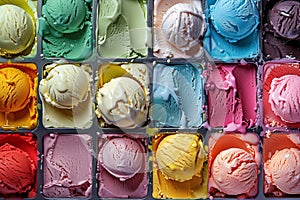 Colorful ice cream in neat rows with various flavors