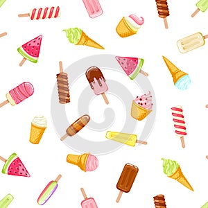 Colorful ice cream popsicles and cones seamless pattern.