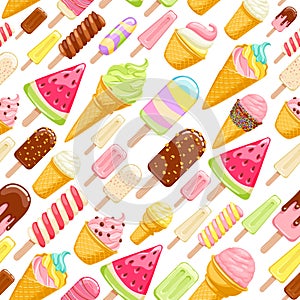 Colorful ice cream popsicles and cones seamless pattern.