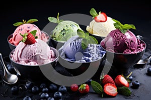 Colorful ice cream scoops in glass bowls on black background.