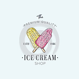 Colorful Ice cream shop logo label or emblem in caartoon style for your design on suburst background. Vector